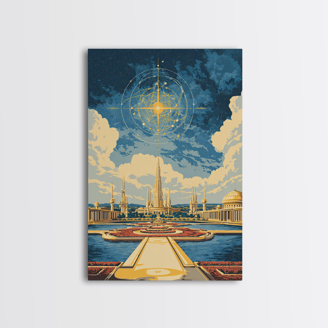 Golden Celestial Palace And Star Map Wall Art, Mid Century Modern Sci Fi Poster, Futuristic City Decor, Cosmic Canvas Print