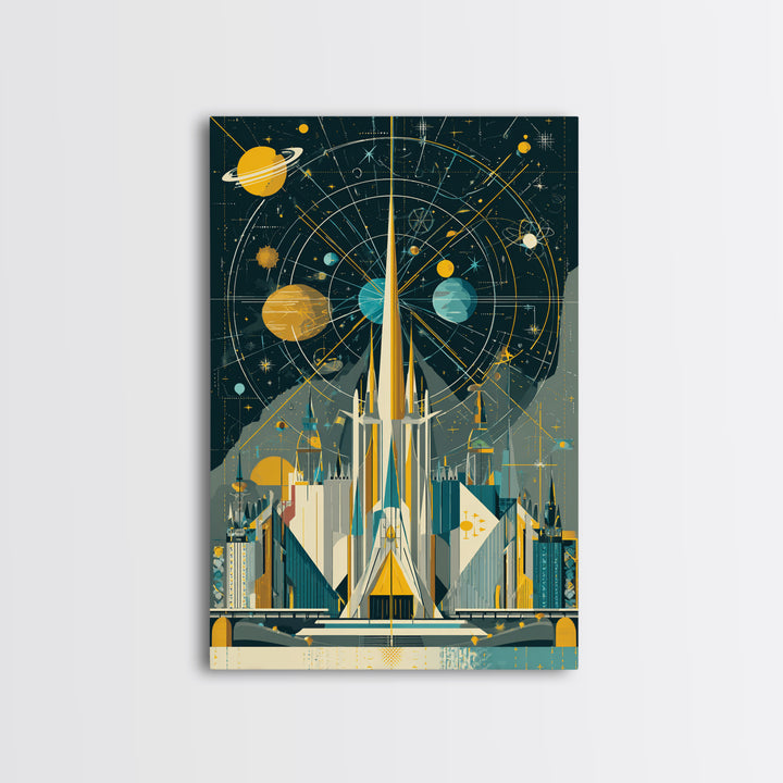 Atomic Rocket Spire Space Age City Canvas Print, Mid Century Modern Wall Art, Futuristic Planet Poster, Geometric MCM Decor