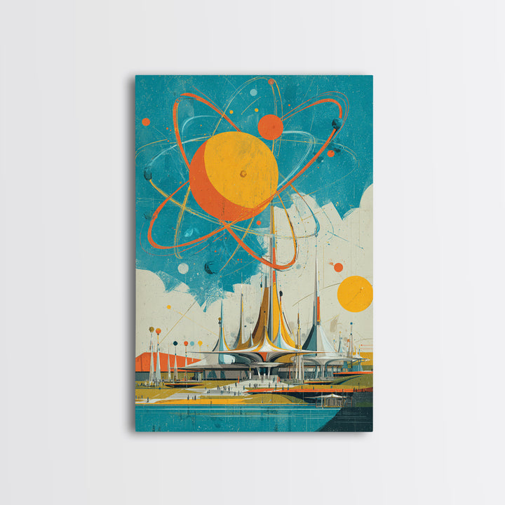 Giant Atomic Sun Over Futuristic City Wall Art, Mid Century Modern Canvas Print, Retro Space Age Poster, Turquoise Decor