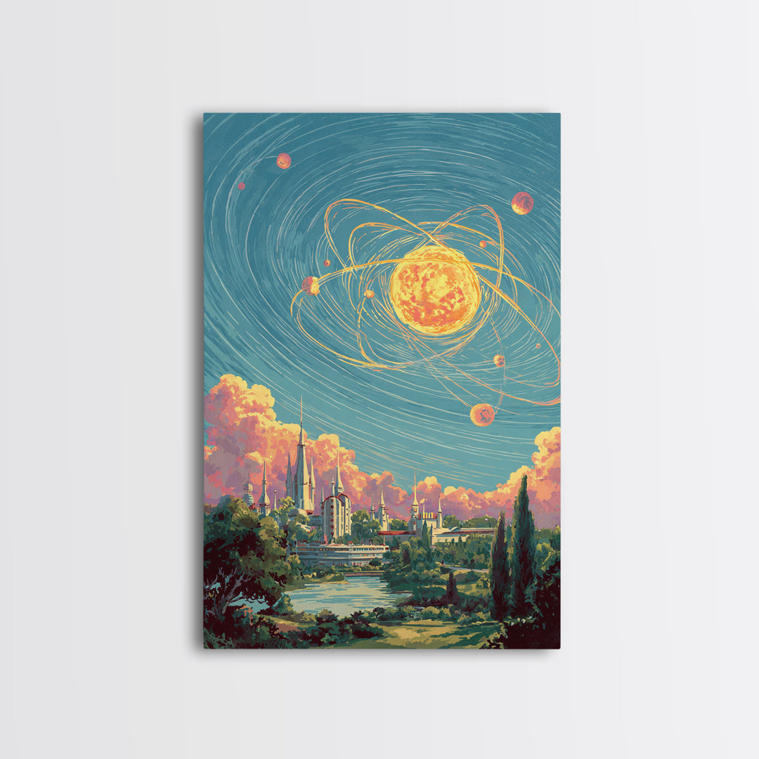 Glowing Atomic Sun Over Retro Future City Canvas Print, Mid Century Modern Wall Art, Cosmic Space Poster, Scenic MCM Decor