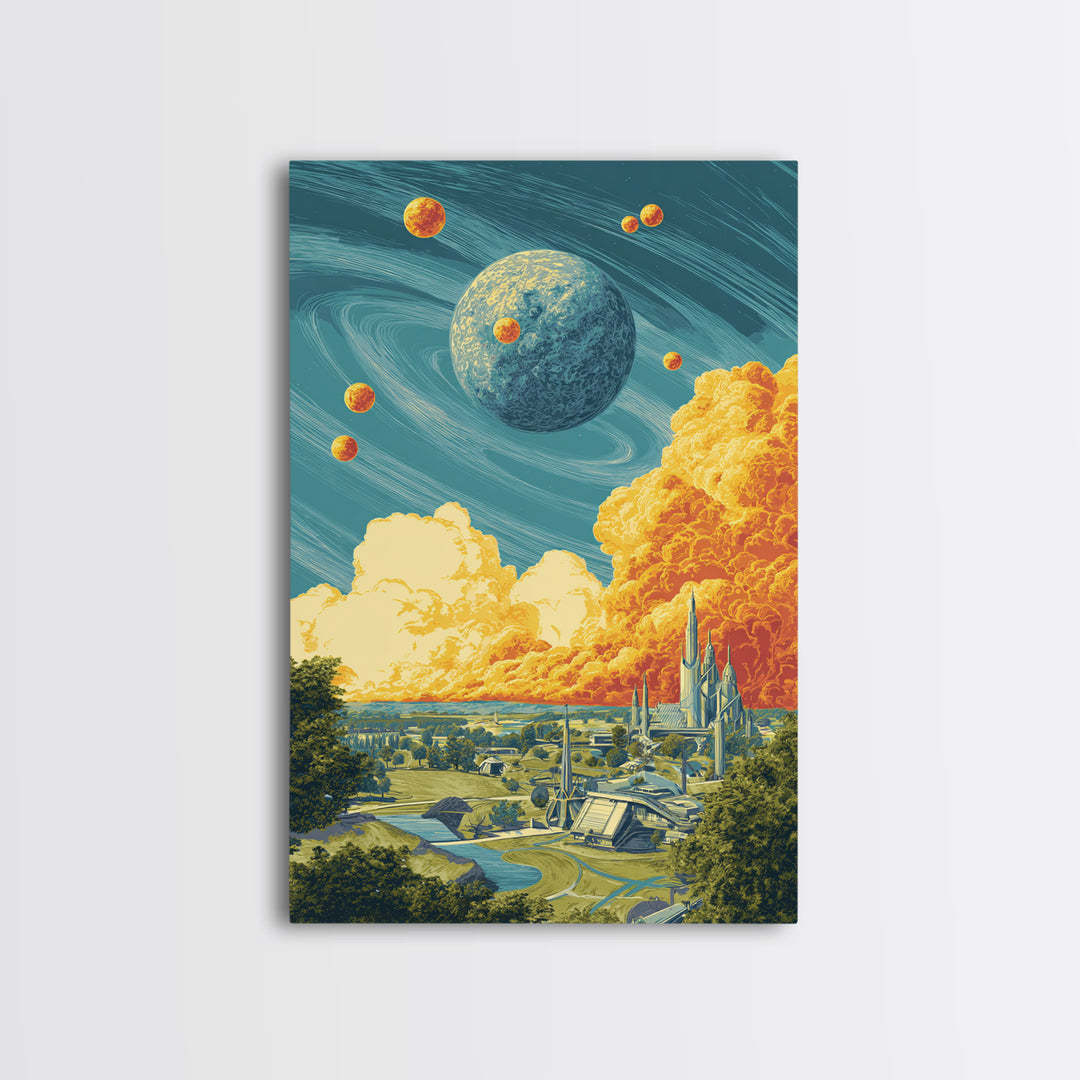 Retro Futuristic Planet City Wall Art, Sci Fi Space Landscape, Midcentury Modern Poster, Atomic MCM Decor, Blue Orange Print