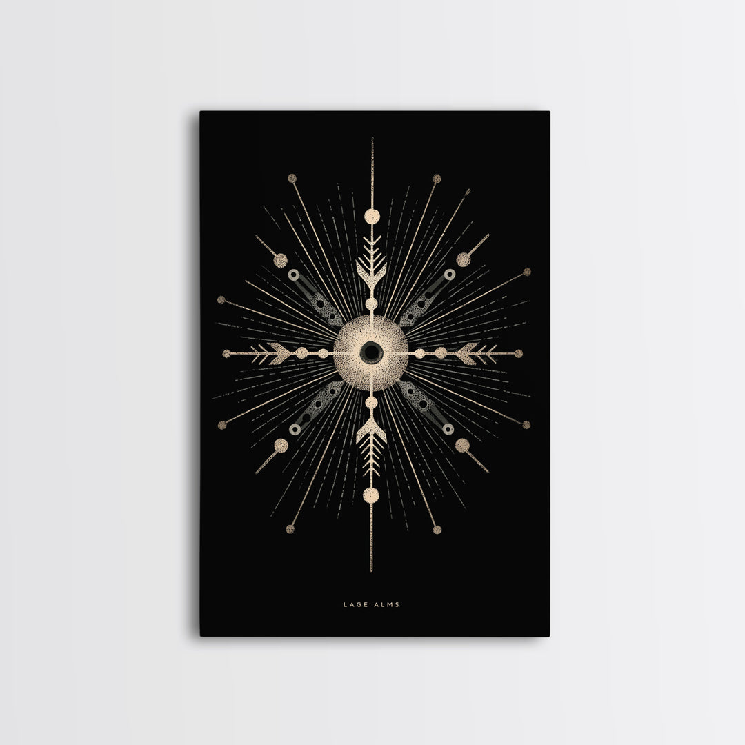 Gold Celestial Starburst Canvas Print, Black Cosmic Wall Decor, Midcentury Atomic Abstract Poster, Spiritual Geometric Art