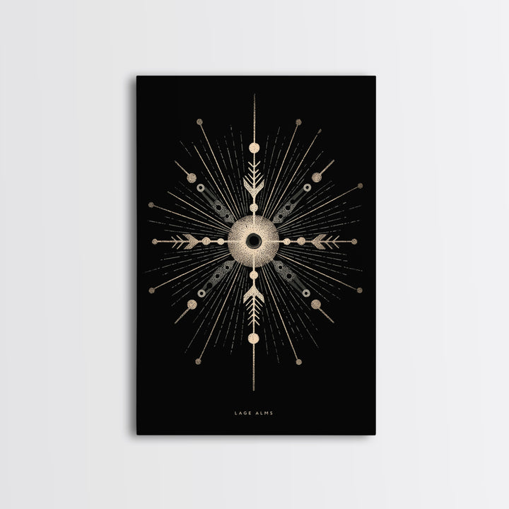Gold Celestial Starburst Canvas Print, Black Cosmic Wall Decor, Midcentury Atomic Abstract Poster, Spiritual Geometric Art