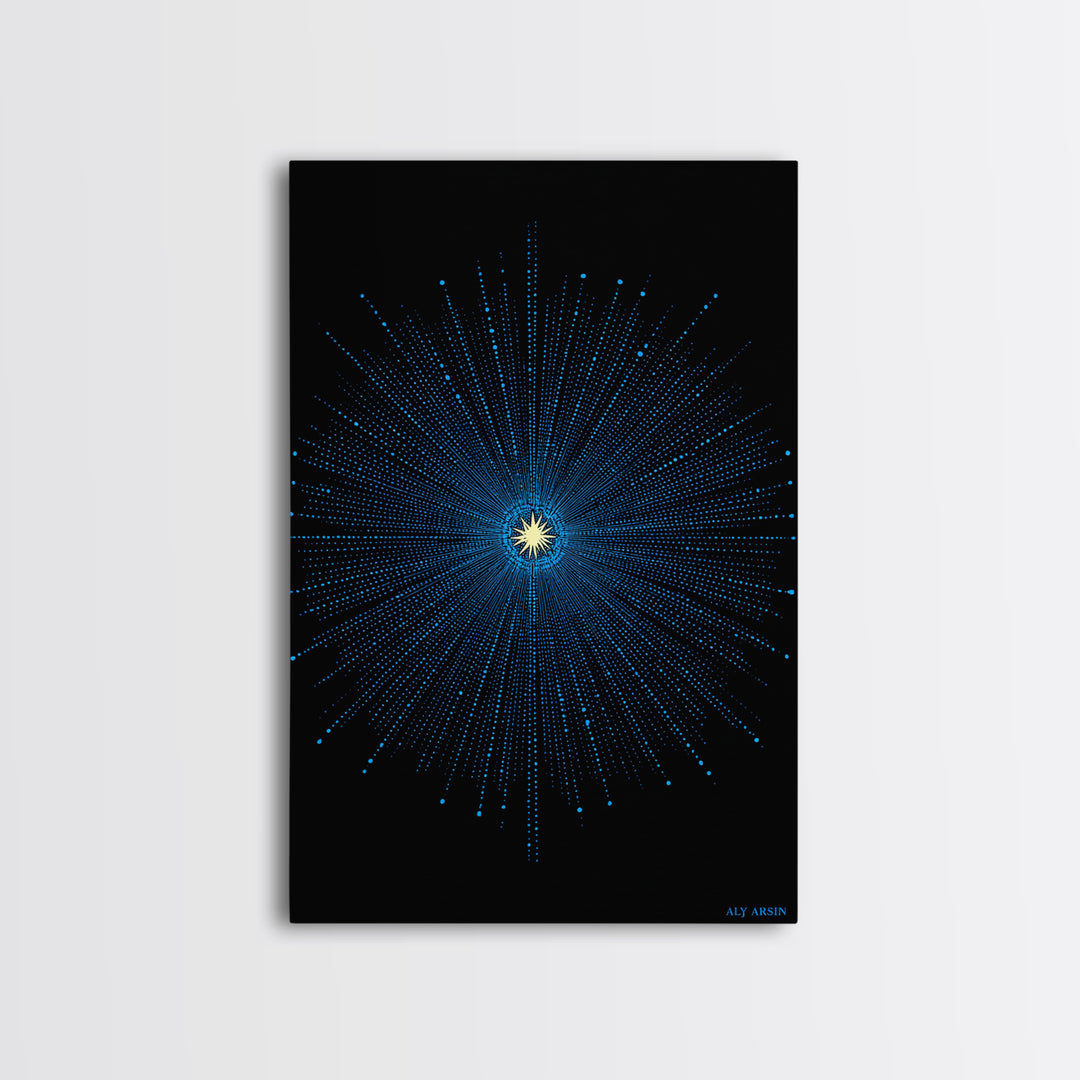 Blue Cosmic Starburst Wall Art, Modern Abstract Space Poster, Atomic Midcentury Decor, Black Sci Fi Galaxy Print For Living Room