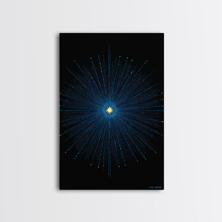 Blue Cosmic Starburst Wall Art, Modern Abstract Space Poster, Atomic Midcentury Decor, Black Sci Fi Galaxy Print For Living Room