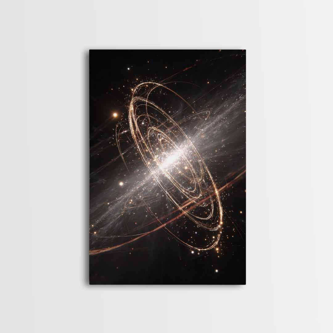 Glowing Galactic Rings Around Bright Star Framed Canvas Print, Space Abstract Art, Modern Wall Decor, Cosmic Poster Gift