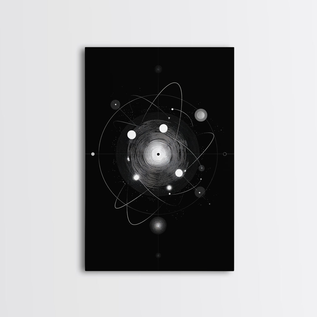 Radiant Atomic Orbit Vortex Wall Art, Black And White Space Abstract, Mid Century Modern Decor, Geometric Sci Fi Poster Print