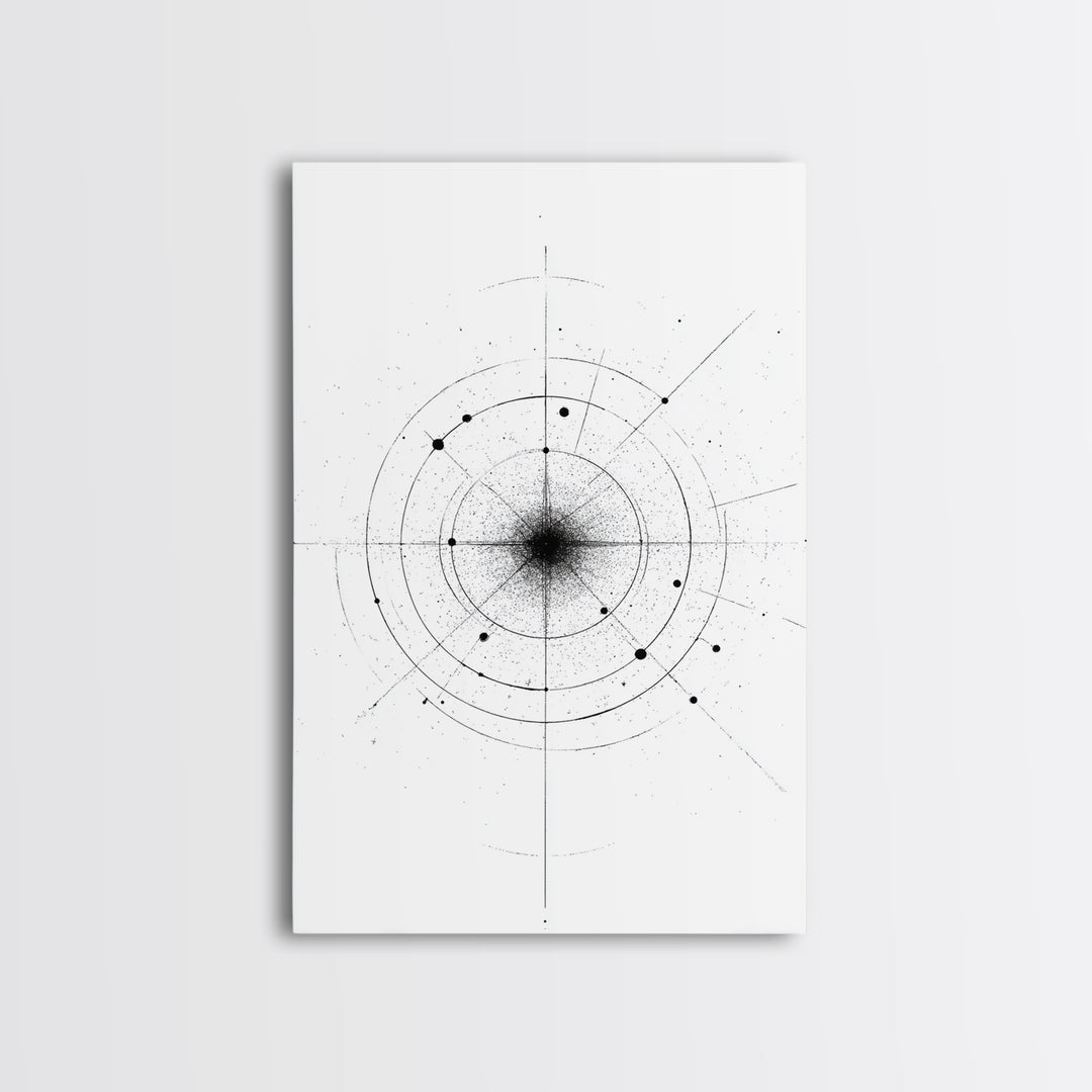 Minimal Celestial Orbit Diagram Wall Art, Black And White Abstract Geometry, Modern Art Print, Mid Century Office Decor Poster
