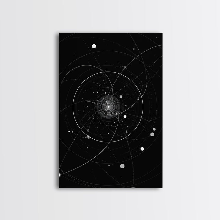 Deep Space Orbital Spiral Wall Art, Black White Cosmic Abstract, Geometric Modern Art Print, Retro Sci Fi Home Decor Poster