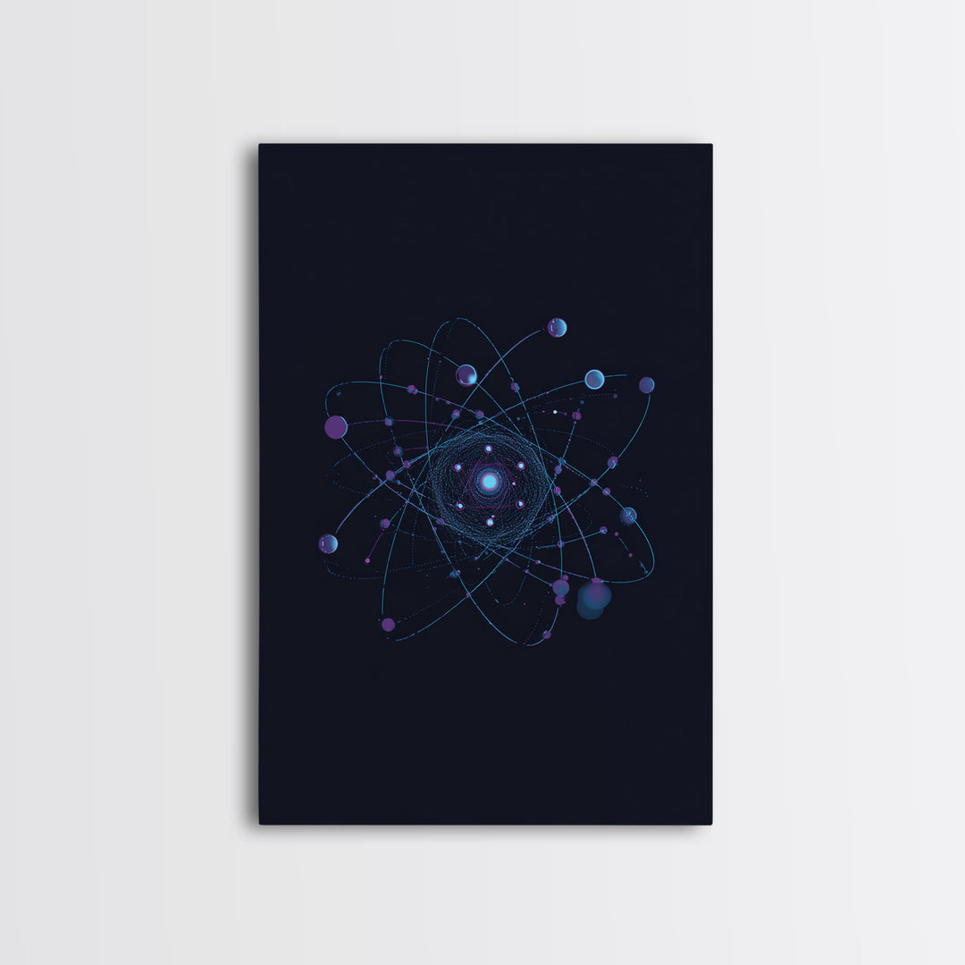 Blue Purple Atomic Orbit Canvas Print, Dark Space Abstract Science Art, Modern Wall Decor, Midcentury Geometric Poster Print