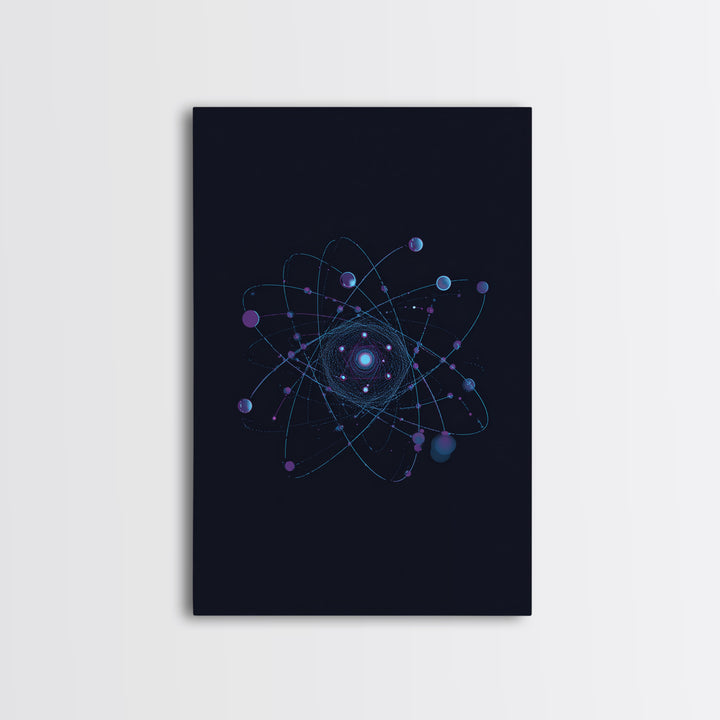 Blue Purple Atomic Orbit Canvas Print, Dark Space Abstract Science Art, Modern Wall Decor, Midcentury Geometric Poster Print