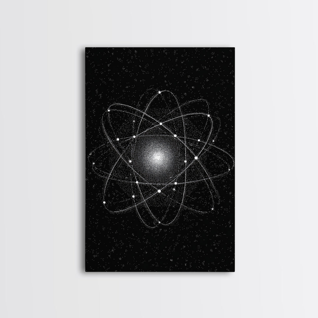 Glowing Atomic Starfield Wall Art, Black White Science Abstract, Mid Century Modern Decor, Geometric Space Poster Print Art