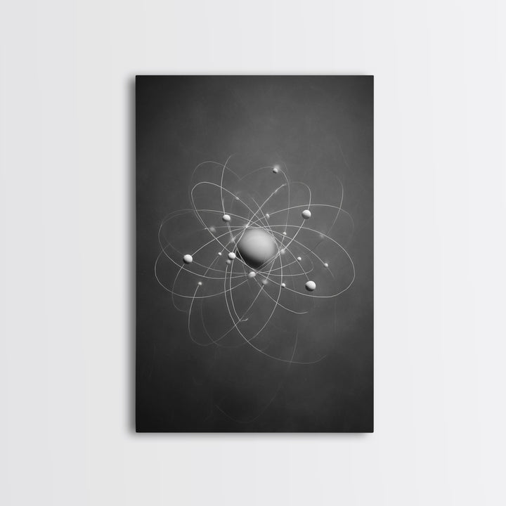 Monochrome Atom Model Framed Canvas Print, Gray Science Abstract Art, Modern Wall Decor, Mid Century Geometric Poster Print