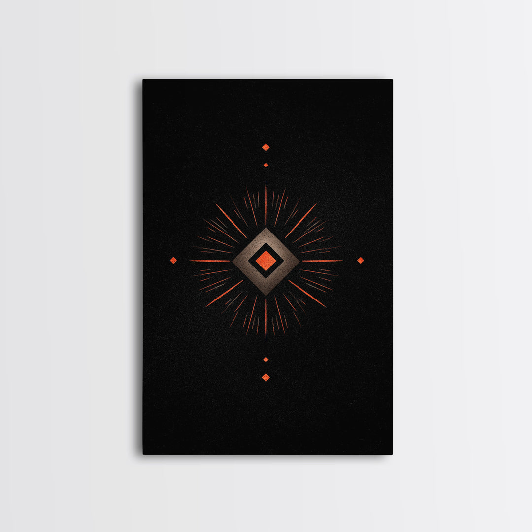 Orange Diamond Sunburst Wall Art, Black Atomic Abstract Design, Mid Century Modern Decor, Geometric Retro Poster Print Art