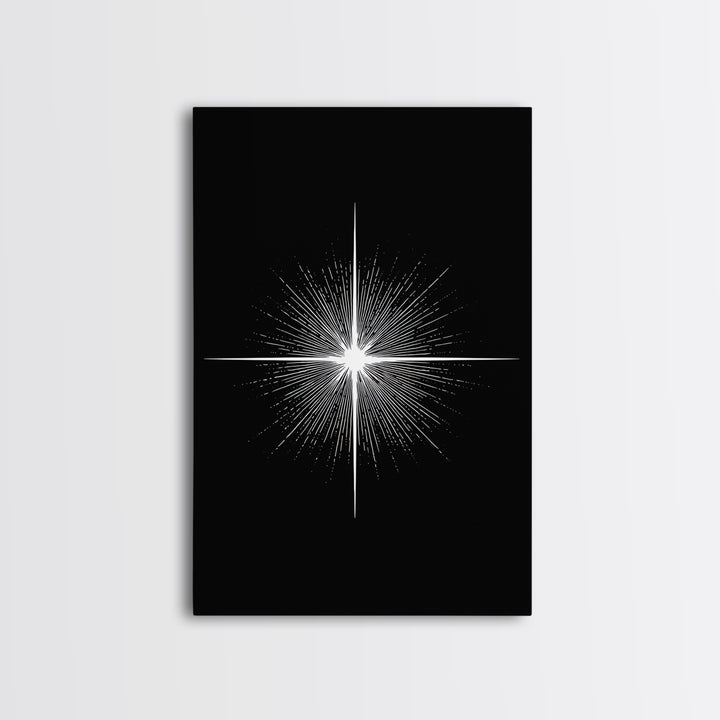 White Radiant Starburst Wall Art, Black Minimal Cosmic Abstract, Modern Geometric Poster, Mid Century Space Home Decor Print