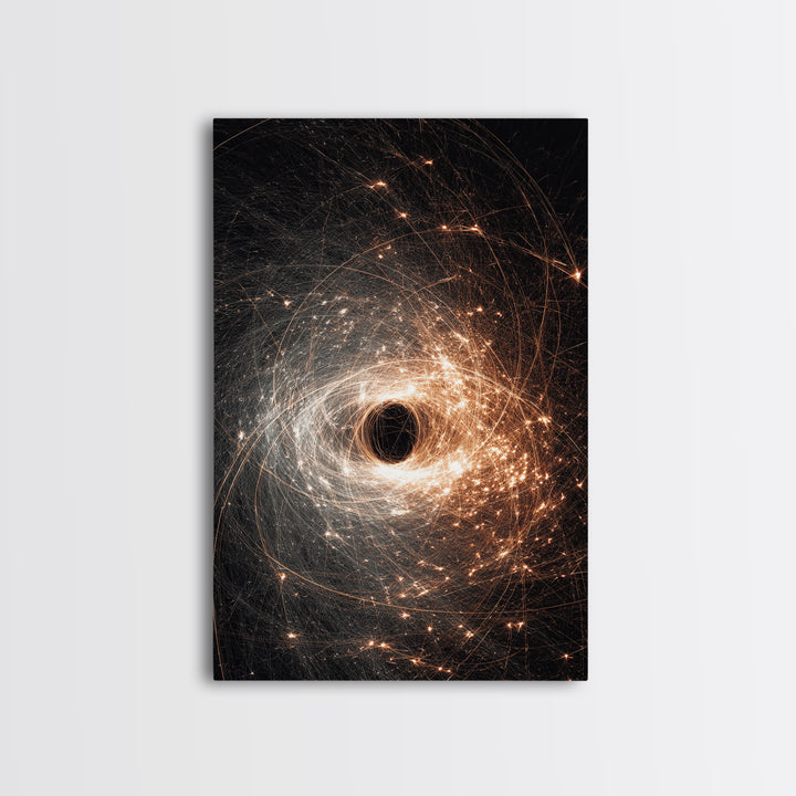 Black Hole Vortex With Golden Spark Orbits Canvas Print, Dark Space Wall Art, Modern Abstract Art, Sci Fi Poster Decor Gift