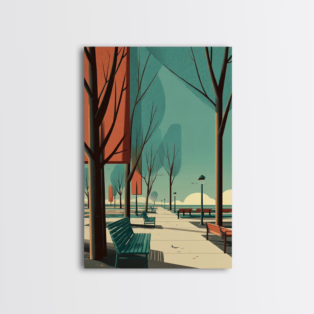 Teal Orange City Promenade Wall Art, Mid Century Modern Travel Poster, Architectural Park Print, Retro Urban Wall Decor Print