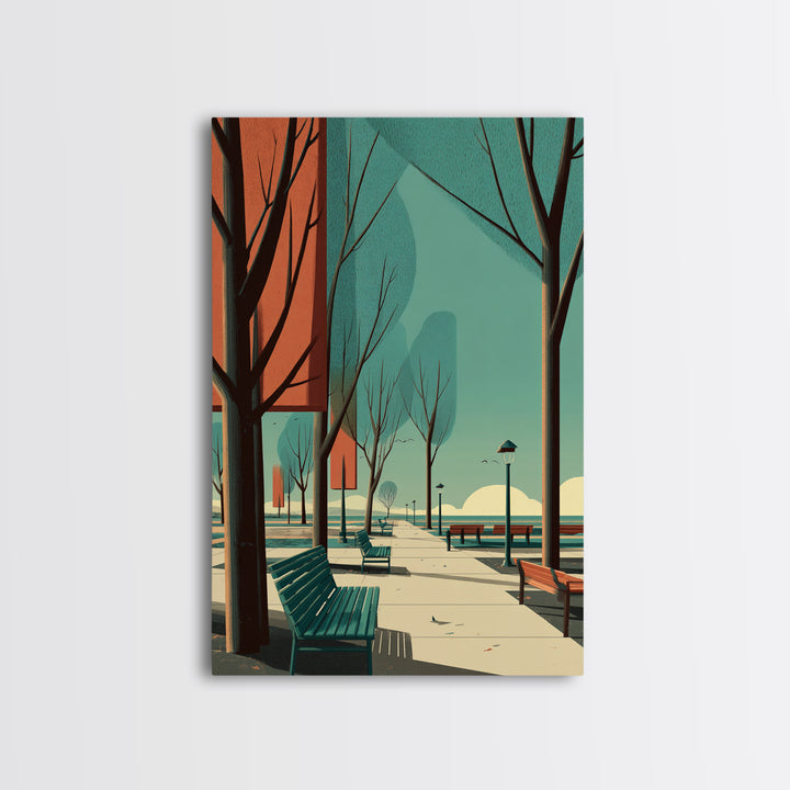 Teal Orange City Promenade Wall Art, Mid Century Modern Travel Poster, Architectural Park Print, Retro Urban Wall Decor Print