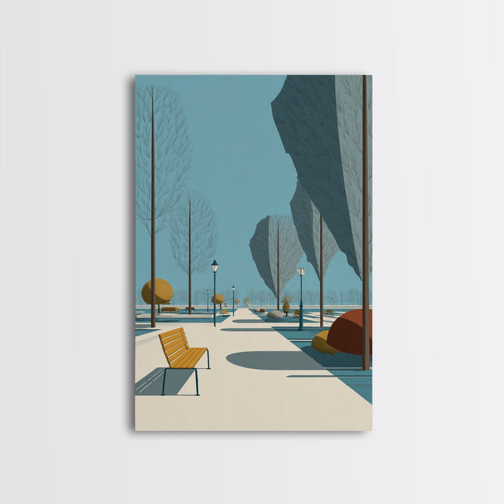 Winter Park Avenue With Yellow Bench Wall Art, Mid Century Modern Landscape Print, Scandinavian Modern Office Decor Poster