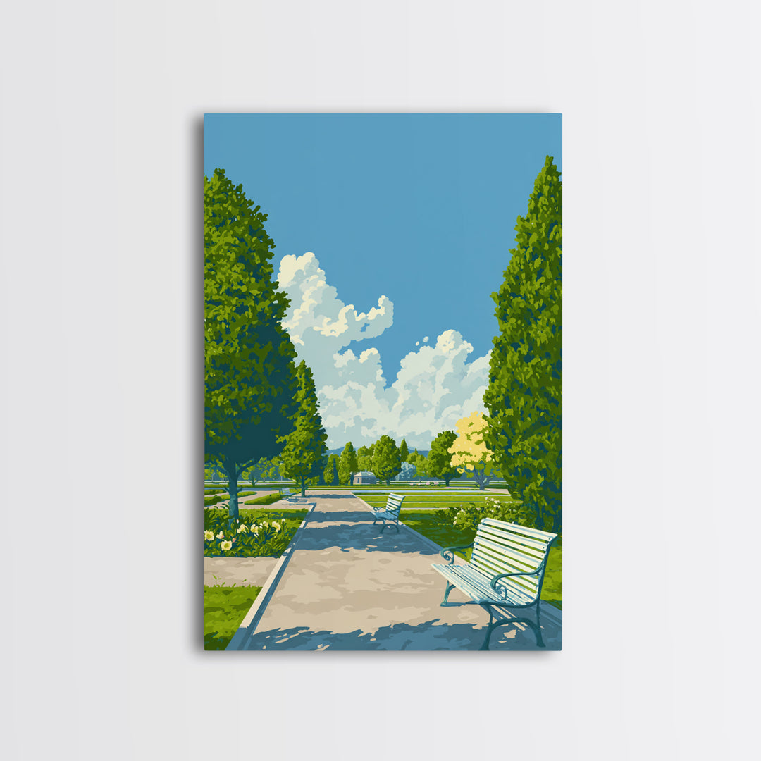 Green Formal Garden Walkway Framed Canvas Print, Mid Century Modern Nature Art, Bright Park Landscape Wall Decor For Home Office