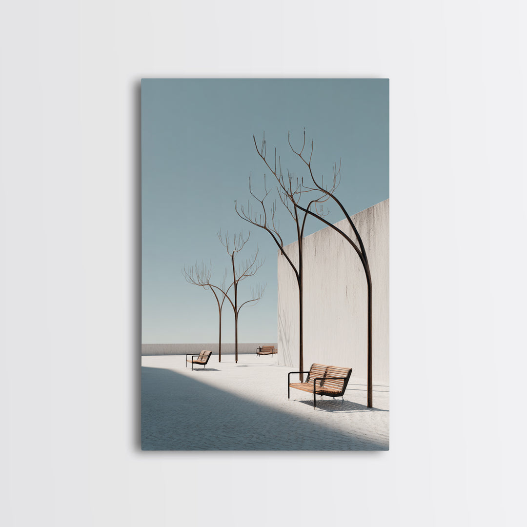 Minimal White Courtyard Benches Wall Art, Mid Century Modern Architectural Print, Scandinavian Modern Minimalist Decor Poster