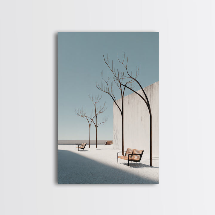 Minimal White Courtyard Benches Wall Art, Mid Century Modern Architectural Print, Scandinavian Modern Minimalist Decor Poster