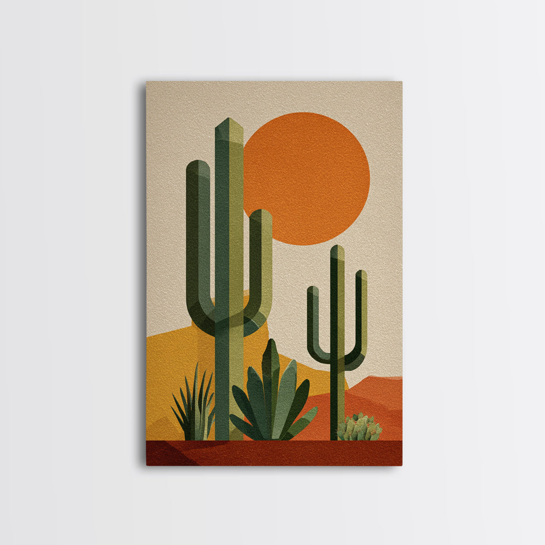 Tall Saguaro Cactus Orange Sun Wall Art, Mid Century Modern Desert Print, Southwestern Decor, Retro Botanical Poster For Home