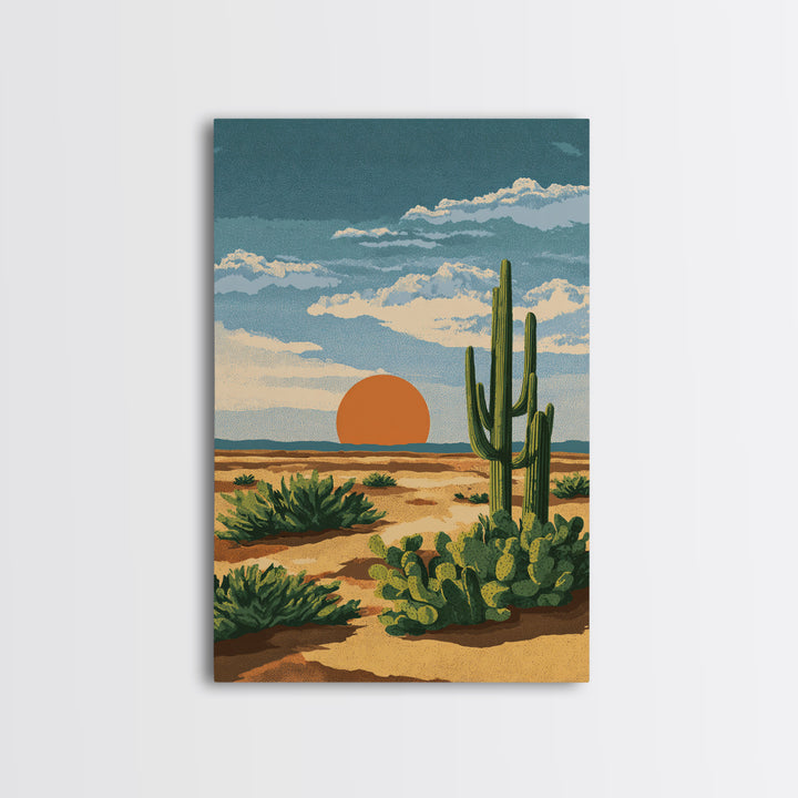 Textured Desert Cactus Sunset Canvas Print, Mid Century Modern Art, Southwestern Landscape Poster, Warm Earth Tone Decor