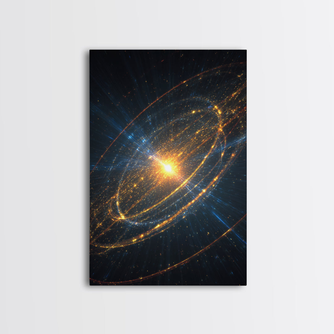 Radiant Starburst Galaxy With Golden Orbital Rings Wall Art, Cosmic Space Poster, Modern Abstract Art, Sci Fi Home Decor