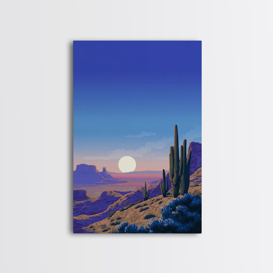 Blue Canyon Desert Moon Wall Art, Mid Century Modern Landscape Print, Cactus Travel Poster, Southwestern Home Decor For Living Room