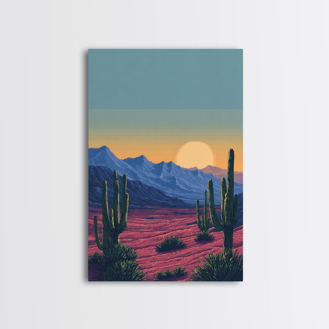 Saguaro Desert Mountains At Sunset Wall Art, Mid Century Modern Southwest Landscape, Retro Travel Poster, Colorful Home Decor