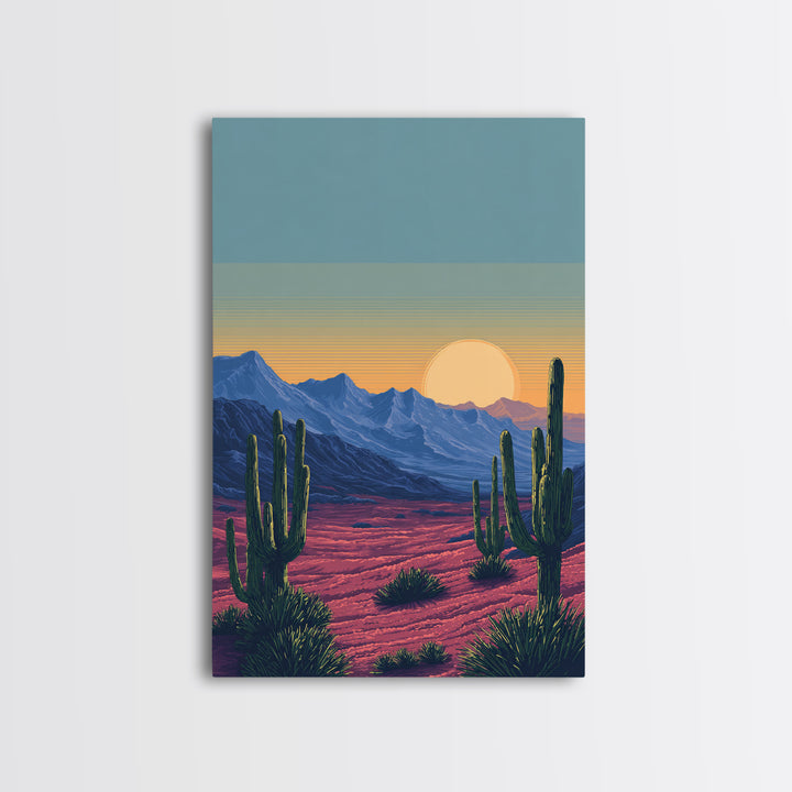 Saguaro Desert Mountains At Sunset Wall Art, Mid Century Modern Southwest Landscape, Retro Travel Poster, Colorful Home Decor