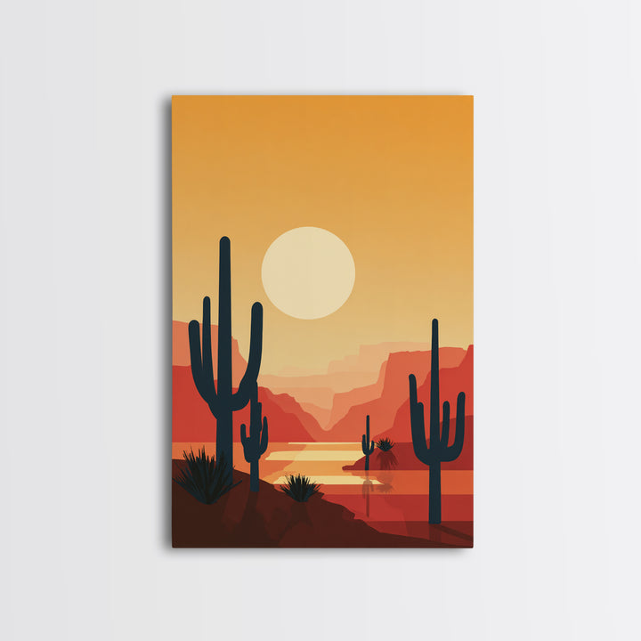 Canyon River Saguaro Sunset Canvas Print, Mid Century Modern Desert Poster, Southwestern Decor, Orange Living Room Wall Art