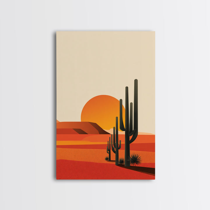 Orange Desert Sun With Tall Cactus Framed Canvas Print, Mid Century Modern Art, Minimal Southwest Decor, Warm Retro Poster