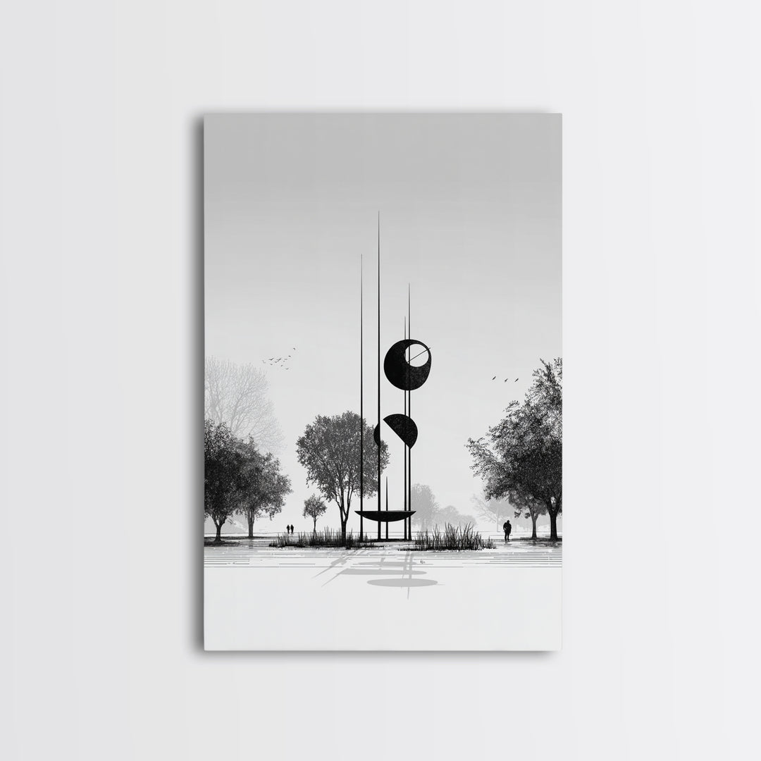 Black And White Modern Sculpture Wall Art, Minimalist Landscape Print, Contemporary Office Decor, Abstract Geometric Art