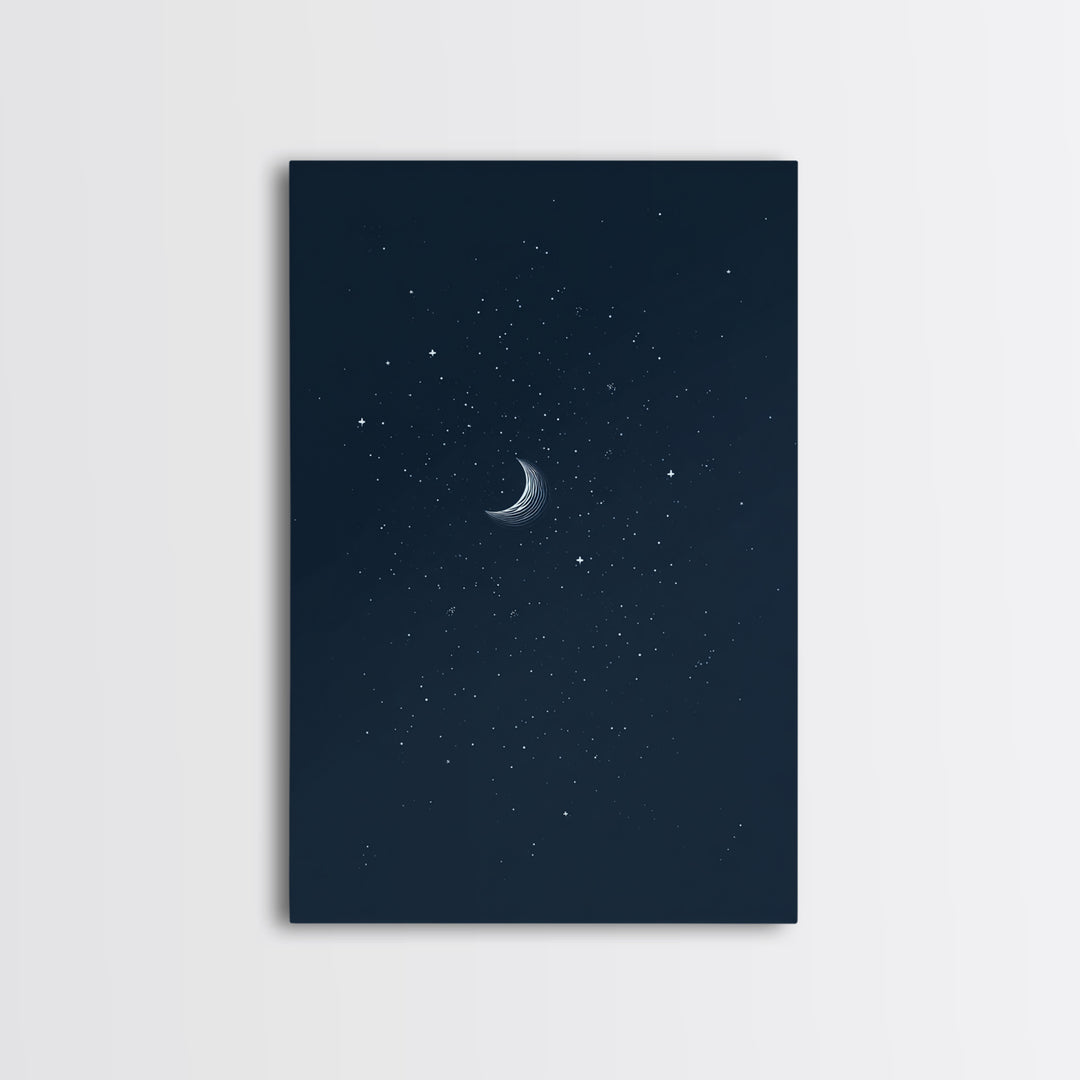 Navy Crescent Moon Starry Night Wall Art, Minimalist Celestial Print, Blue Bedroom Decor, Spiritual Modern Art Poster Gift