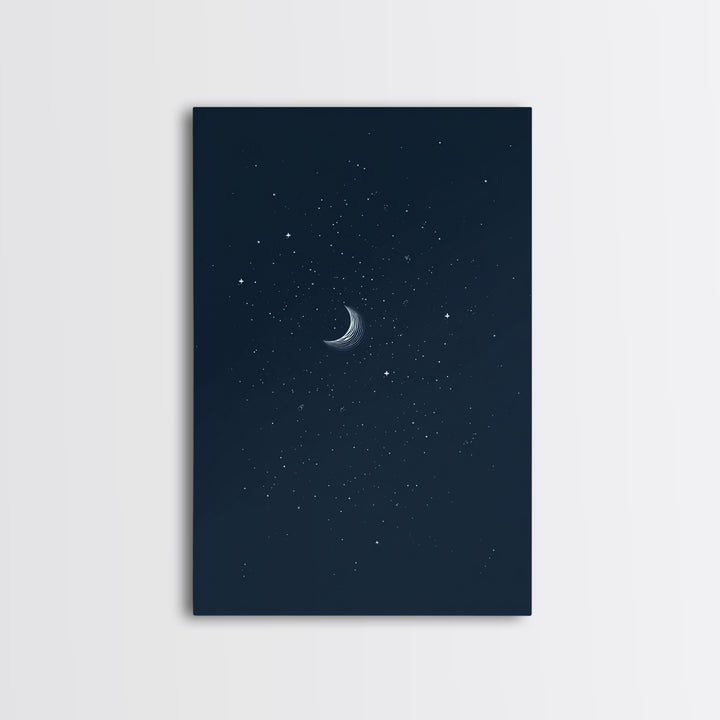 Navy Crescent Moon Starry Night Wall Art, Minimalist Celestial Print, Blue Bedroom Decor, Spiritual Modern Art Poster Gift