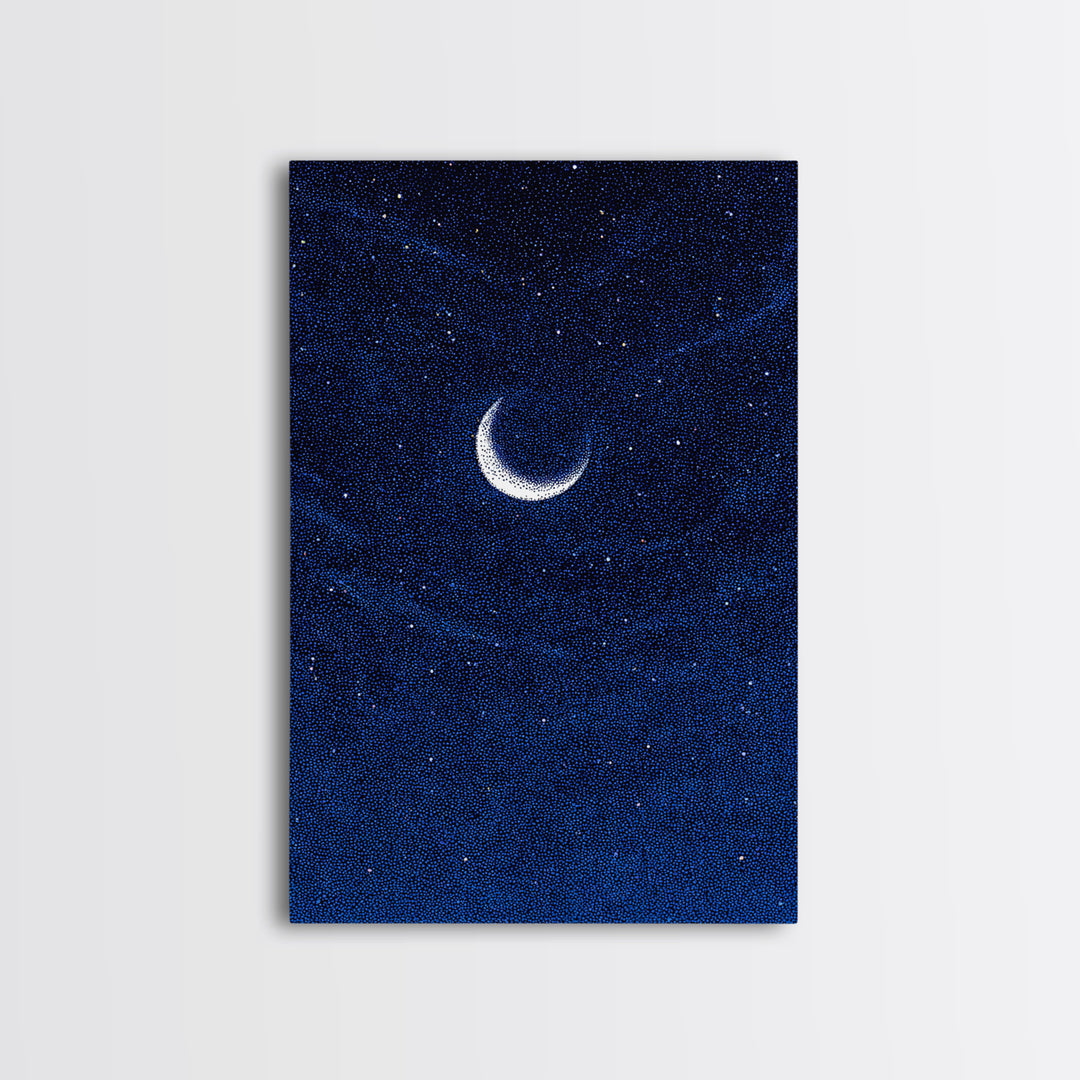 Deep Blue Crescent Moon Canvas Print, Starry Night Sky Wall Art, Minimalist Celestial Decor, Modern Bedroom Art Poster Print