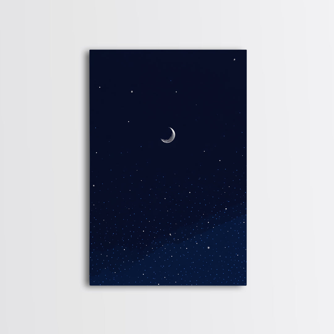 Dark Navy Crescent Moon Wall Art, Starry Sky Minimalist Print, Blue Celestial Decor, Modern Bedroom Poster, Spiritual Gift