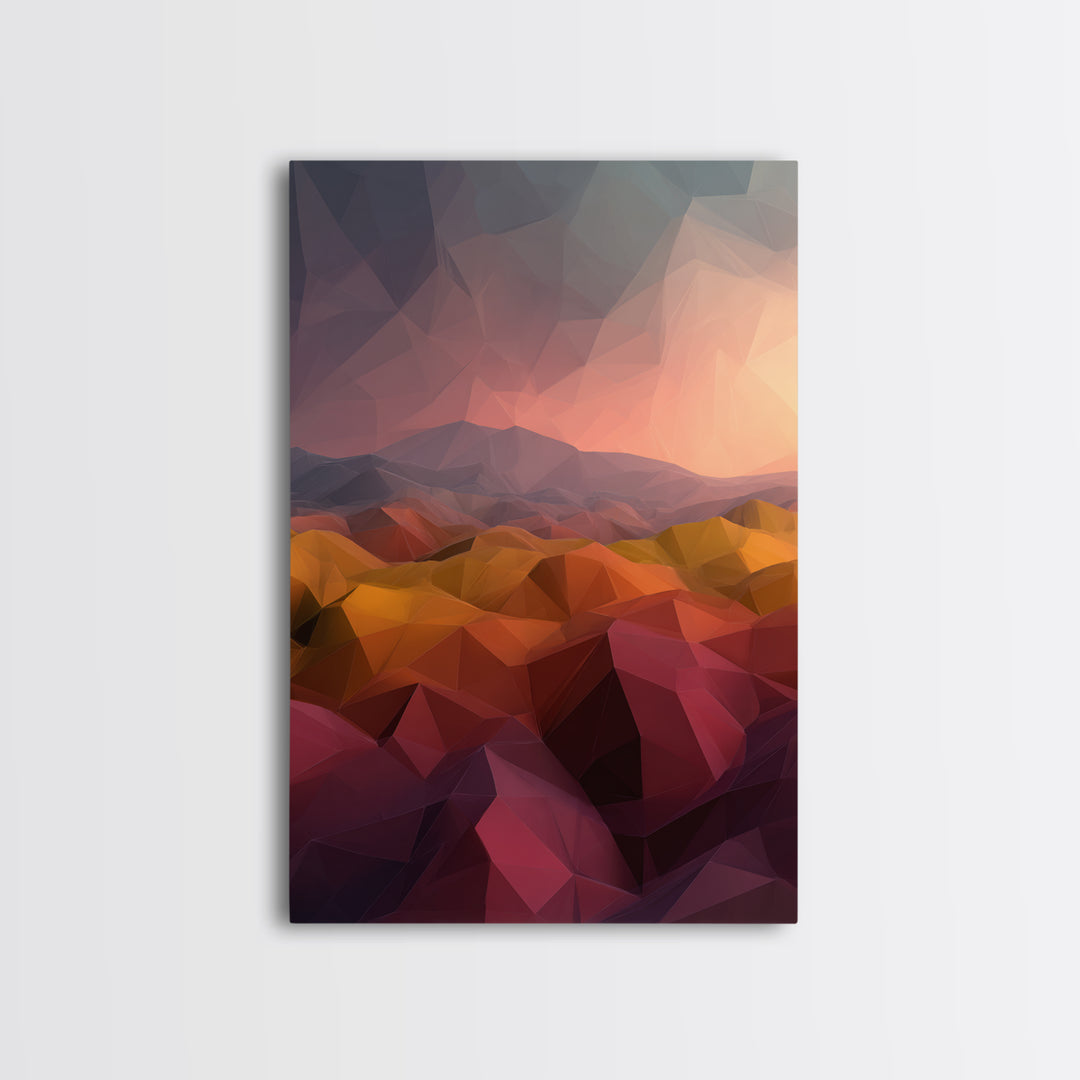 Low Poly Desert Sunset Over Red Hills Framed Canvas Print, Abstract Landscape Wall Art, Southwestern Decor, Modern Poster