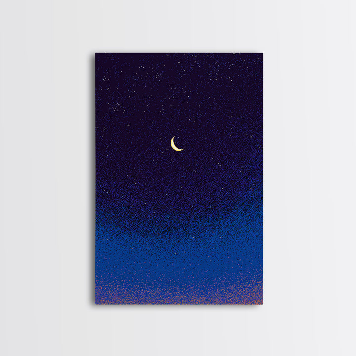 Purple Blue Crescent Moon Canvas Print, Starry Night Sky Wall Art, Celestial Bedroom Decor, Modern Spiritual Poster Gift