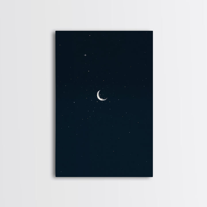 Minimal Crescent Moon Starry Night Wall Art, Celestial Dark Blue Poster, Modern Printable, Bedroom Decor, Mystic Nursery Print