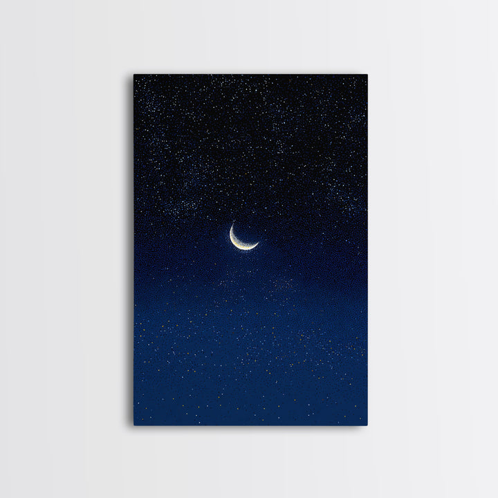 Glowing Crescent Moon Blue Star Field Canvas Print, Celestial Night Sky Poster, Modern Wall Decor, Dreamy Bedroom Art Print