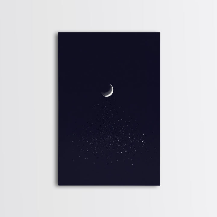 Silver Crescent Moon With Falling Stars Framed Canvas Print, Minimal Celestial Wall Decor, Navy Bedroom Art, Mystical Poster