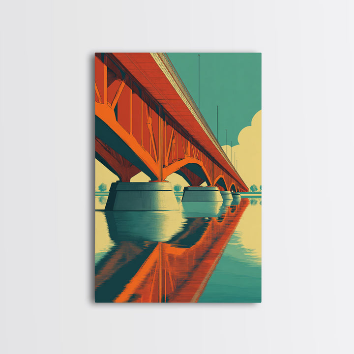 Orange Steel Bridge Reflection Wall Art, Retro Travel Poster, Midcentury Modern Decor, Architectural Art Print For Living Room