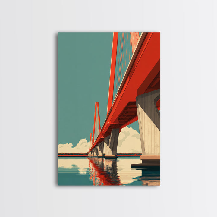 Red Suspension Bridge Over Water Canvas Print, Modern Travel Poster, Architectural Wall Art, Midcentury Decor, Coastal Home Print