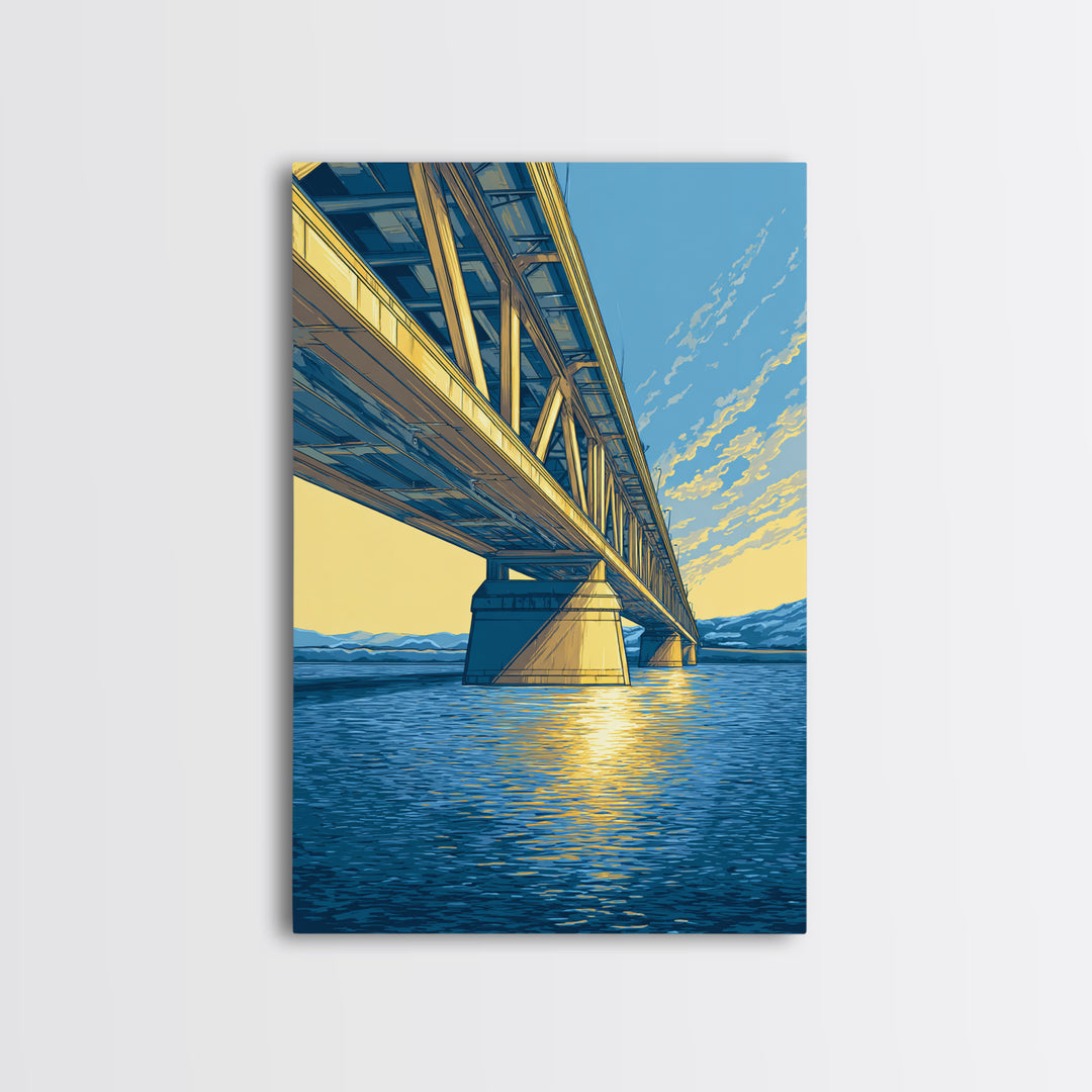 Blue Golden Bridge At Sunset Framed Canvas Print, Scenic Landscape Wall Art, Modern Coastal Decor, Lake House Art Print Gift