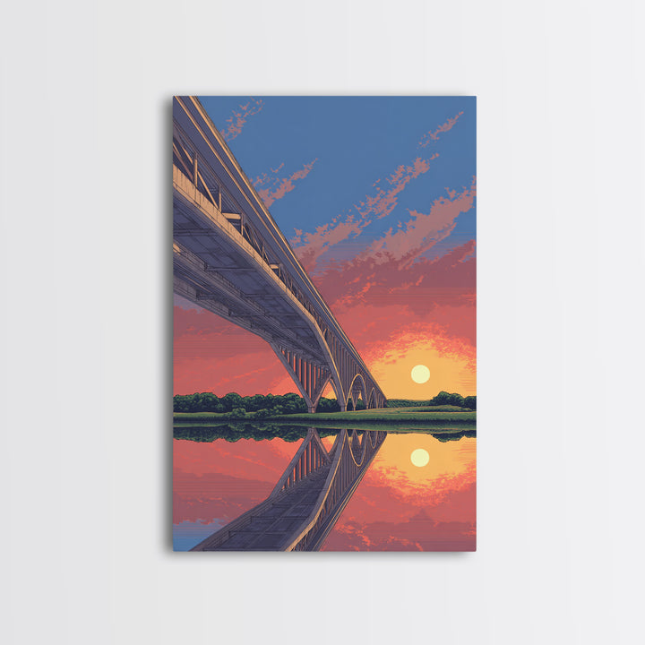 Sunset Bridge Reflection Wall Art, Pink Orange Sky Landscape Poster, Retro Travel Print, Modern Home Decor, Scenic Canvas Print