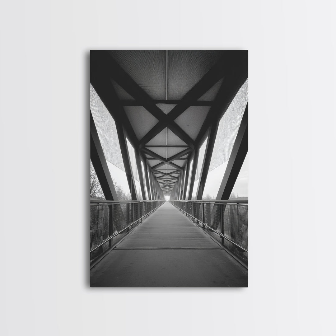 Black And White Pedestrian Bridge Wall Art, Architectural Perspective Print, Modern Office Decor, Minimalist Framed Canvas Print