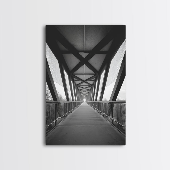Black And White Pedestrian Bridge Wall Art, Architectural Perspective Print, Modern Office Decor, Minimalist Framed Canvas Print